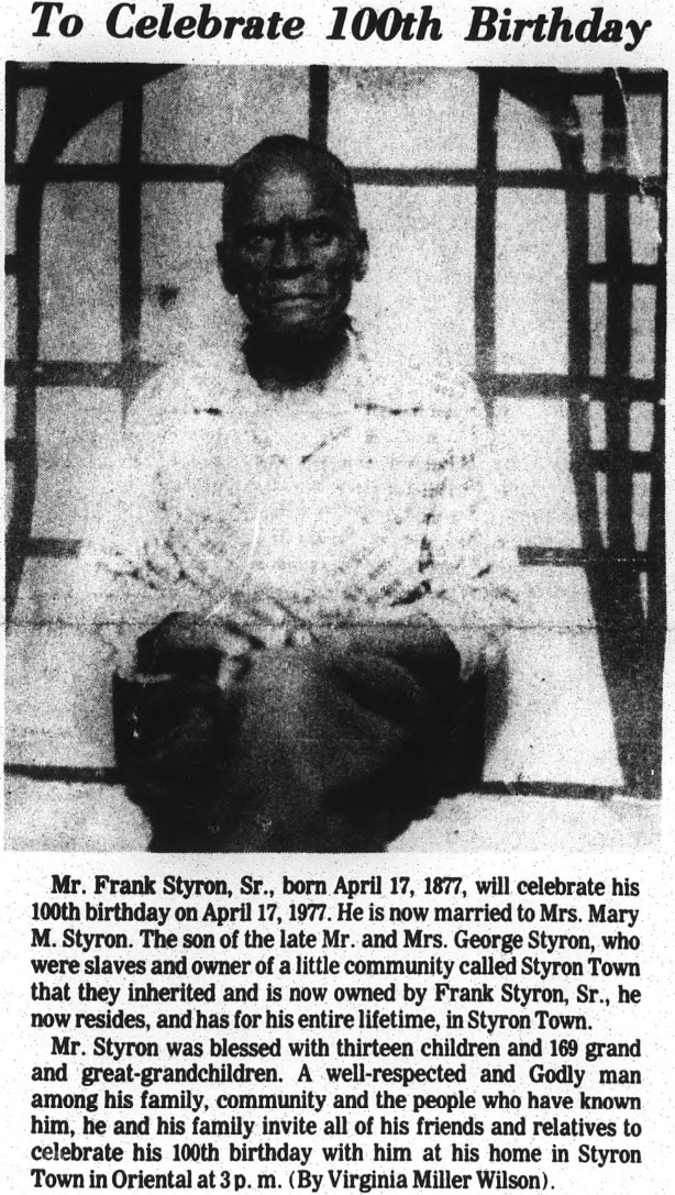 Picture of Frank Styron who turned 100 years old on April 17, 1977.