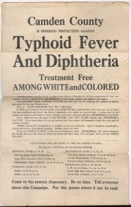 Black English text on beige paper advertisin typhoid fever and diptheria vaccines in Camden County