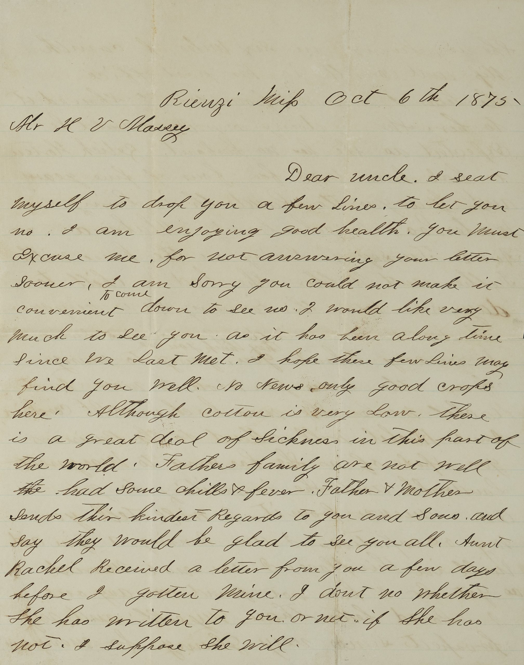 Letter from Oliver M. Perry to Dr. H. V. Massey talking about what's currently going on in his life.