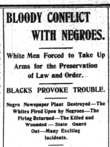 A clipping from the November 11, 1898 issue of The Wilmington Morning Star with the headline "Bloody Conflict With Negroes"