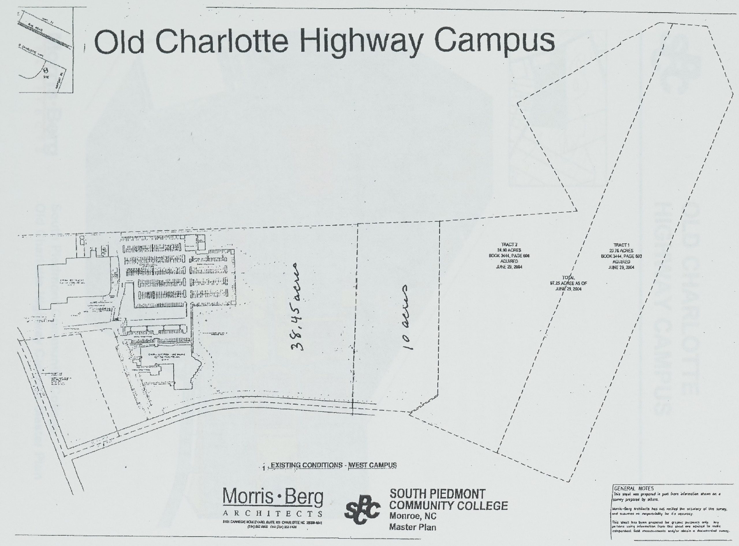 Plan for the Old Charlotte Highway Campus for SPCC. The image shows plots of lands with a planned building on the left side. The plans were created by Morris Berg Architects.