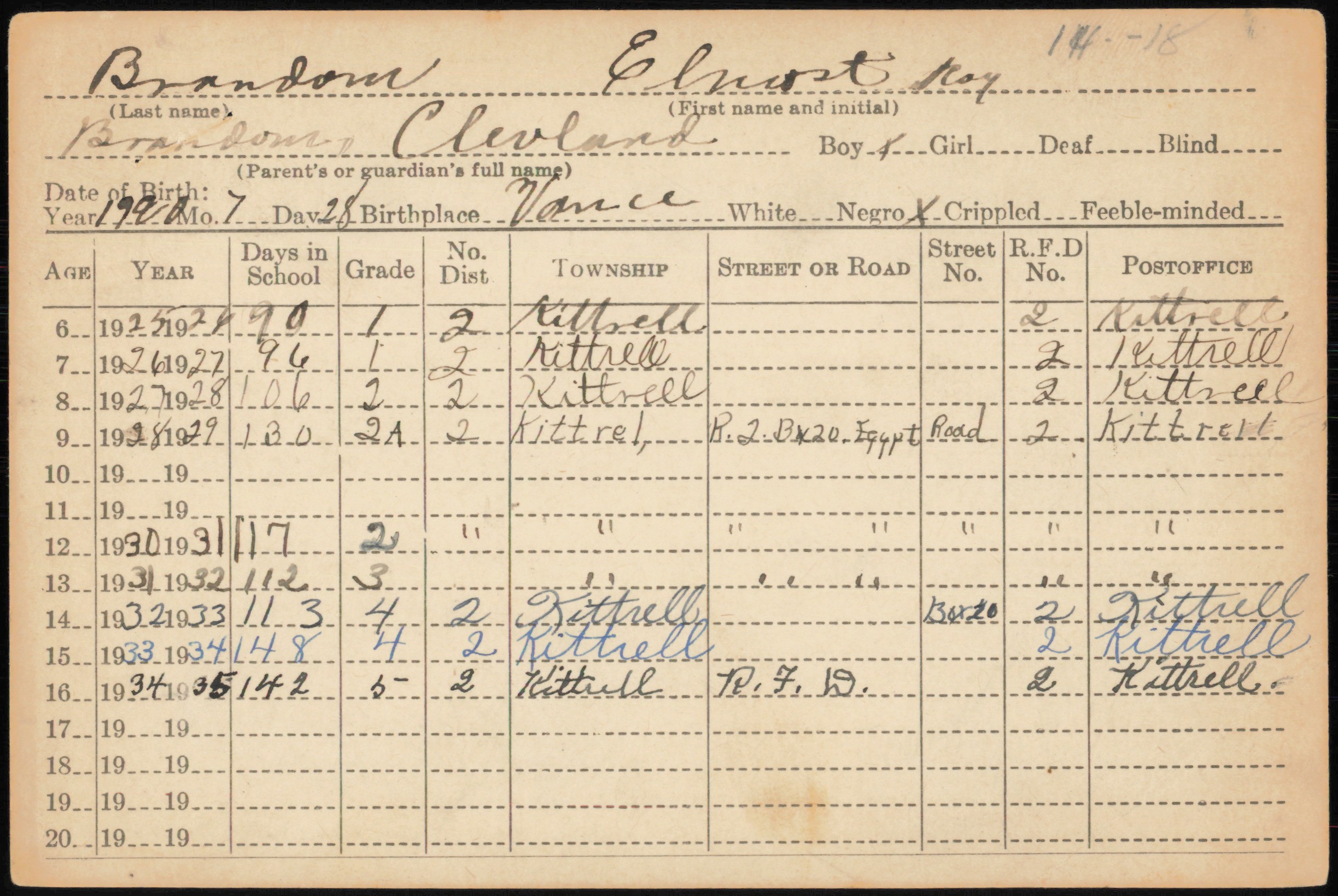 Back side of a individual school census card for a student who attended Henderson Institute named E. Roy Brandon. The card includes his parent's name (Cleveland Brandon), birth date (July 28, 1919), sex (boy), race (African American), birthplace (Vance County), address, and years he attended school.