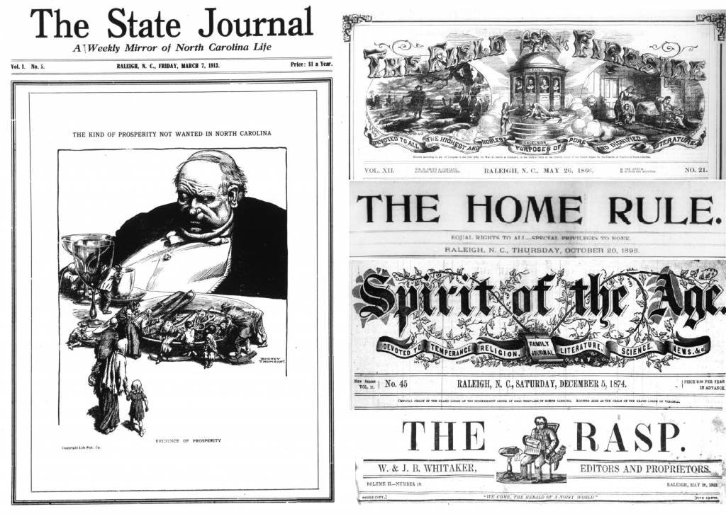Headers from Raleigh, North Carolina newspapers The State Journal, The Field and Fireside, The Home Rule, and The Rasp.