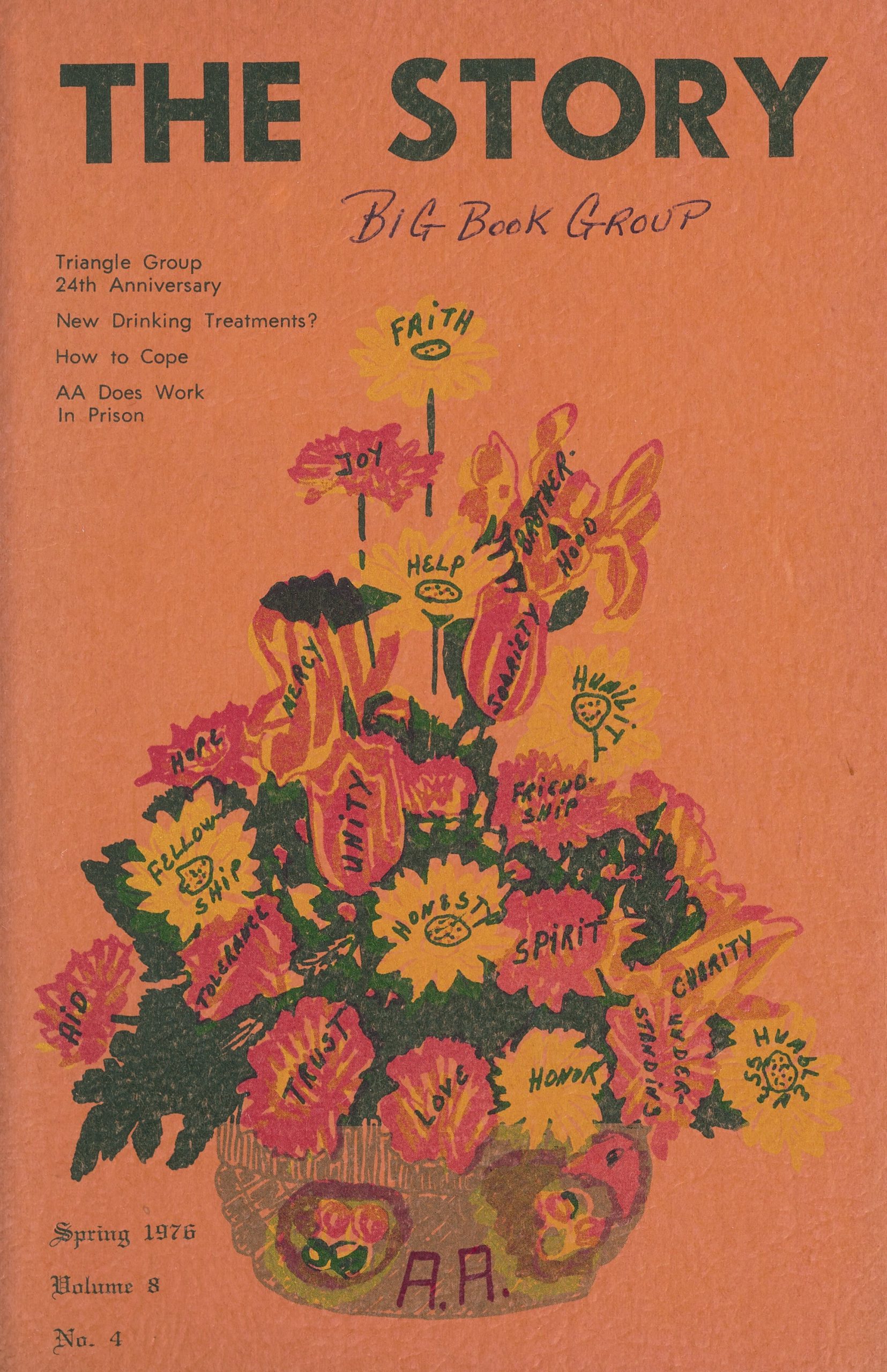 Graphic of a bouquet of red and yellow flowers. The vase holding the flowers has "AA" on it. The flowers each have positive character traits such as trust, unity, charity, love, and friendship.