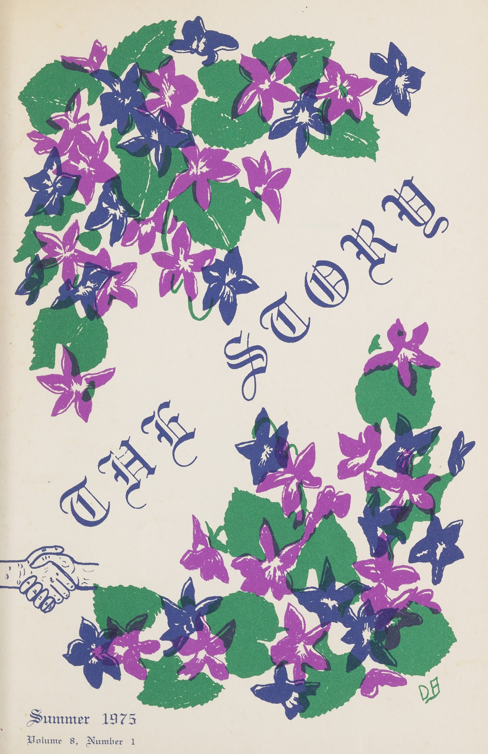 The Story cover with blue and purple flowers with leaves in the top left and bottom right corner. There is also a graphic of two hands shaking on the left side of the page towards the bottom.