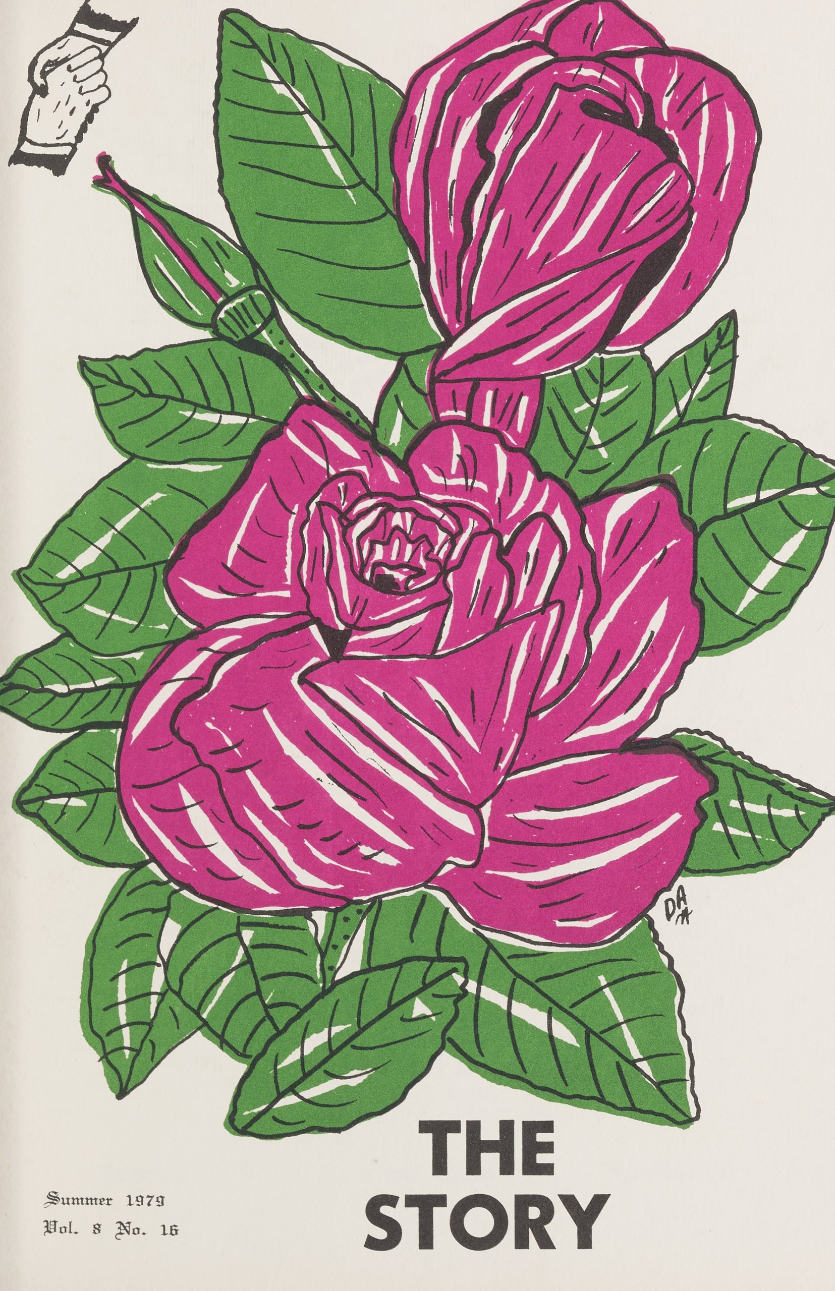 Cover of the summer 1979 issue of The Story. There is a white background with pink roses and one rose bud with leaves. There is a graphic of a handshake in the top left.