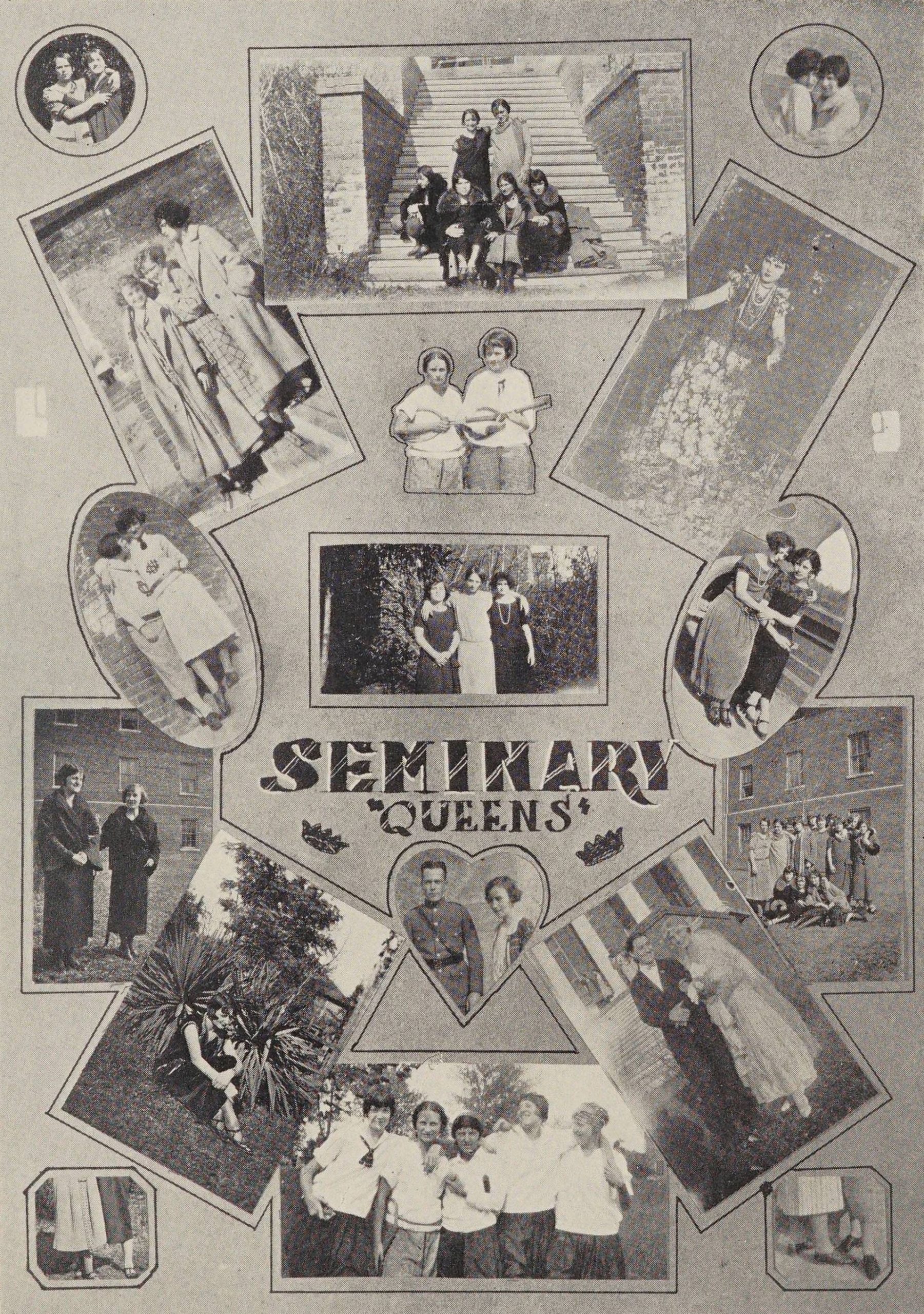 A collage of seminary queens from Mount Pleasant Collegiate Institute in 1925. Some people are pictured in wedding dresses, next to partners, friends, and in fashionable clothing.