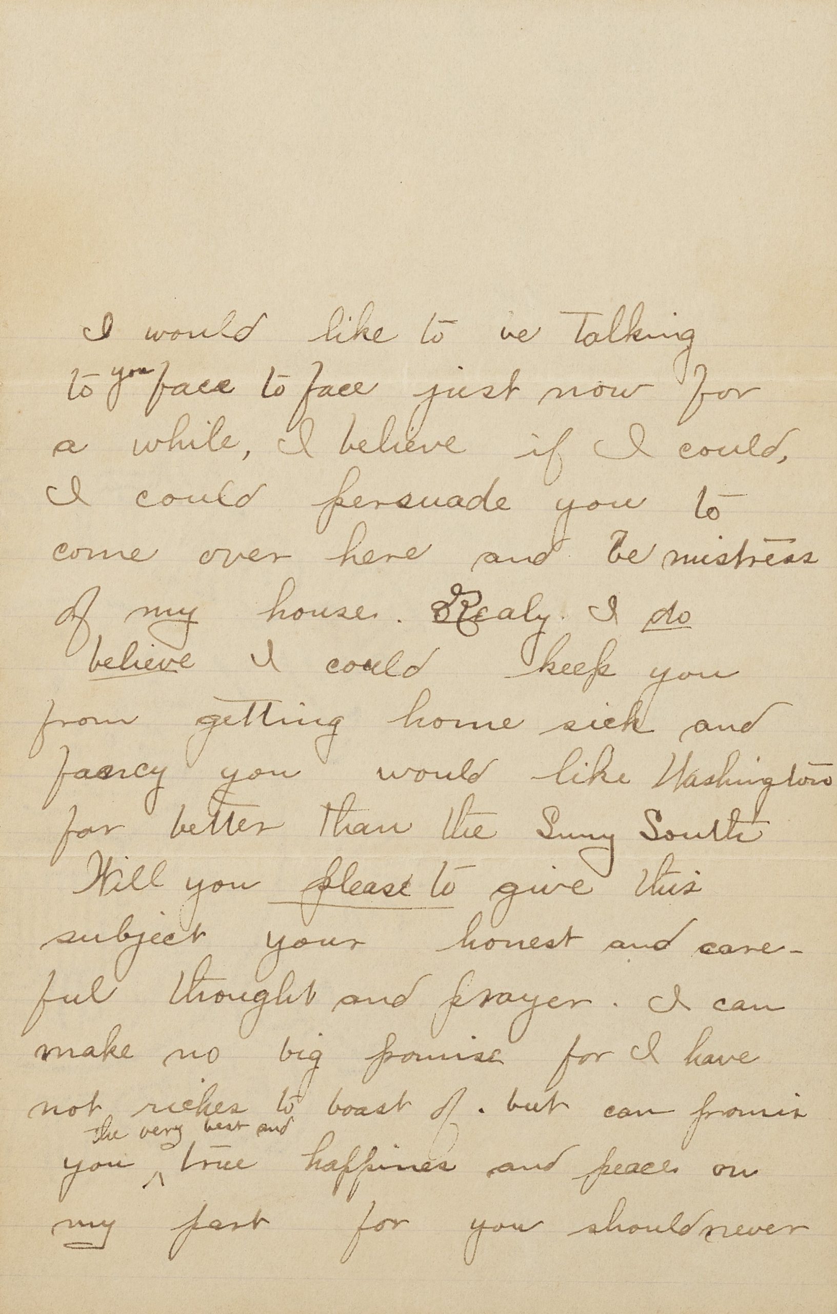 Page 2 of a letter to Daisy Massey asking her to consider coming to visit a man named Jeb in Washington.