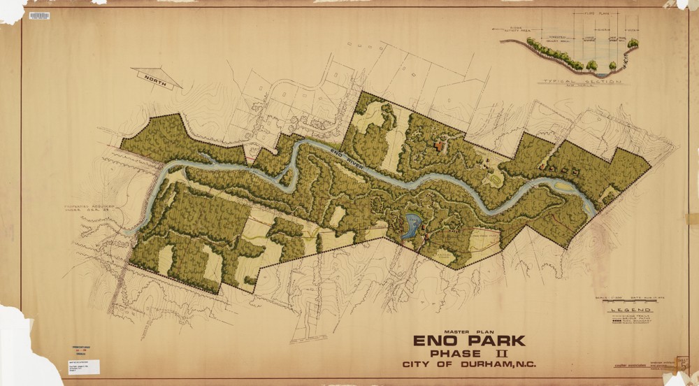 Plan drawing of the Eno Park phase two master plan. Included is a diagram in the top right corner of what the typical sectioning will look like.