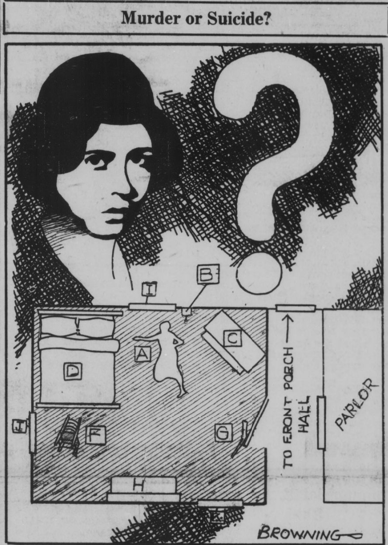 Image in a newspaper article. The title reads: Murder or suicide? Under the title there is a picture of a young woman's face with a question mark next to it. Below her there is a diagram of a bedroom with a body outlined on the floor.