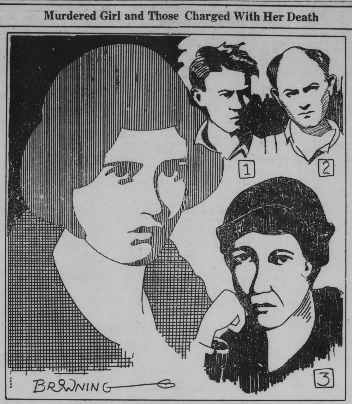 Sketch of four individual's busts. The first and largest one on the left is of Leoda Childress, two smaller ones on the top right are of men. The first man looks younger with a full head of hair. The second man has a bald spot on his head and looks older. The last sketch is of an older woman with a hat and is located on the bottom right of the image.