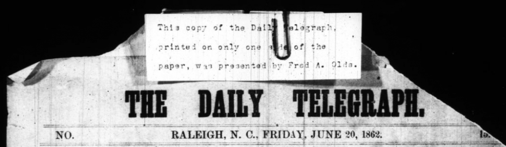 Header from the June 20, 1862 issue of Raleigh, N.C. newspaper The Daily Telegraph