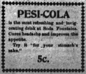 Advertisement for "Pepsi-Cola" misspelled as "Pesi-Cola" from August 8th, 1902