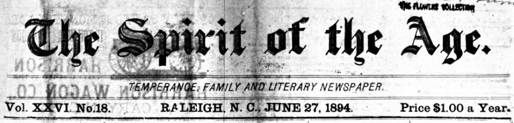 Header for June 27, 1894 issue of Raleigh, N.C. paper The Spirit of the Age