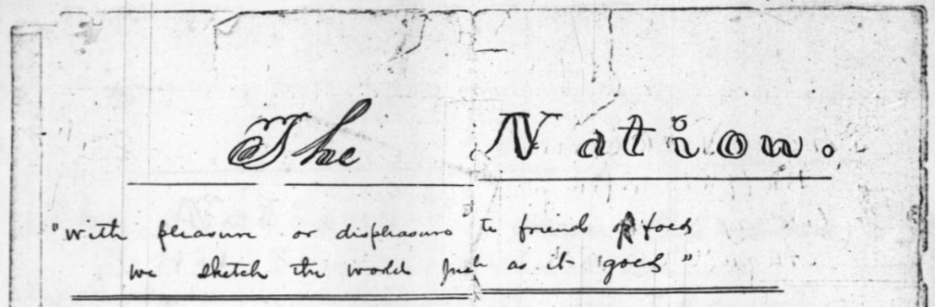 Header from the 1858 Buffalo Springs, N.C. handwritten newspaper The Nation