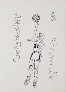 Drawing of a student jumping with a basketball