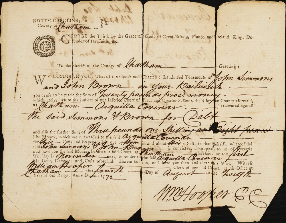 Court summons filled out by William Hooper in August of 1772.