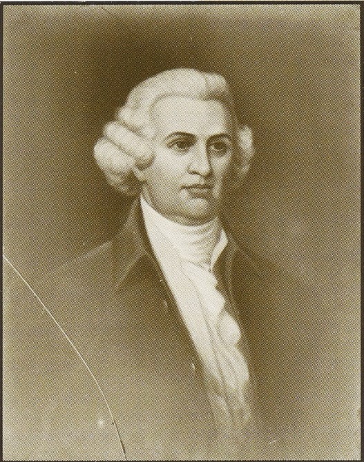 Painting of William Hooper. He is dressed in a colonial era white shirt, white neck tie, and dark jacket. His hair appears to be white and stops just below his ears.