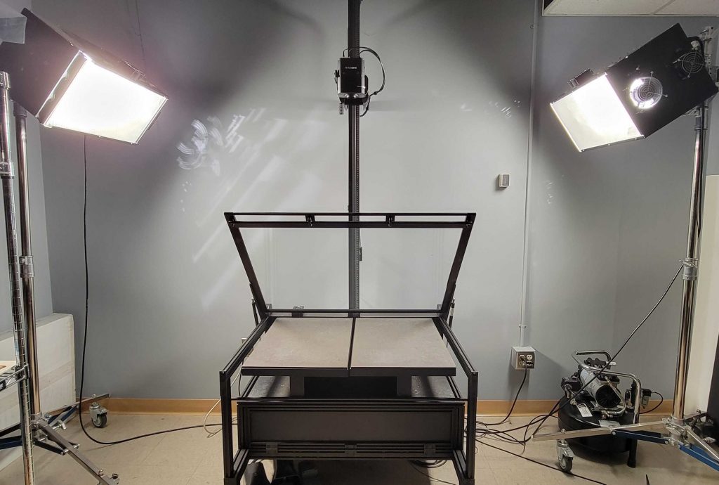 Photograph of PhaseOne book cradle, camera column, and lights.