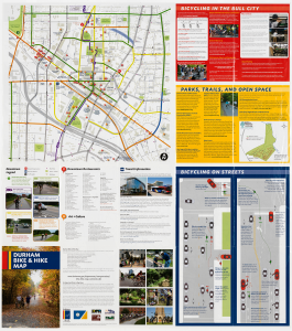 Map of downtown Durham with attractions listed and bike safety information