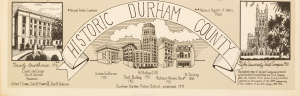 Part of an illustrated map of Durham with drawings of buildings