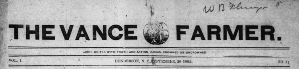 Header for the September 20, 1892 issue of The Vance Farmer