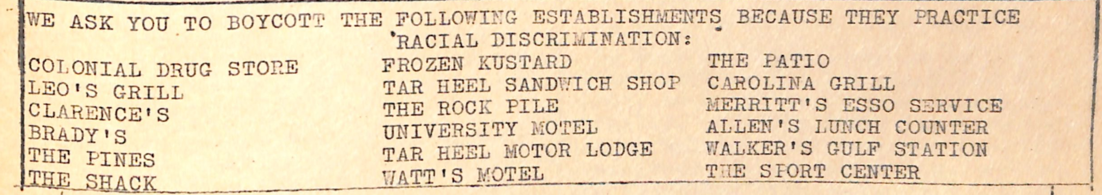 This newspaper clipping from The Chapel Hill Conscience provides a list of establishments to boycott due to their continued practice of racial discrimination.