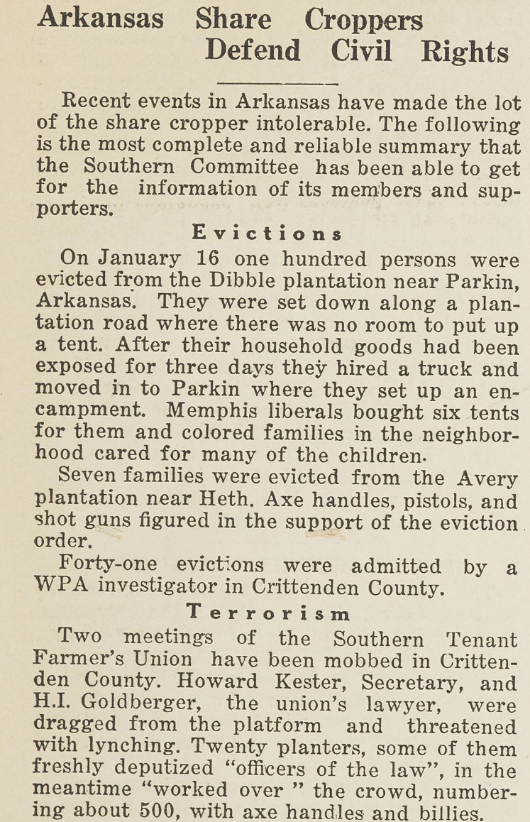 An article in the March 1, 1936 issue of The People's Rights Bulletin discussing how Arkansas share croppers were defending civil rights.