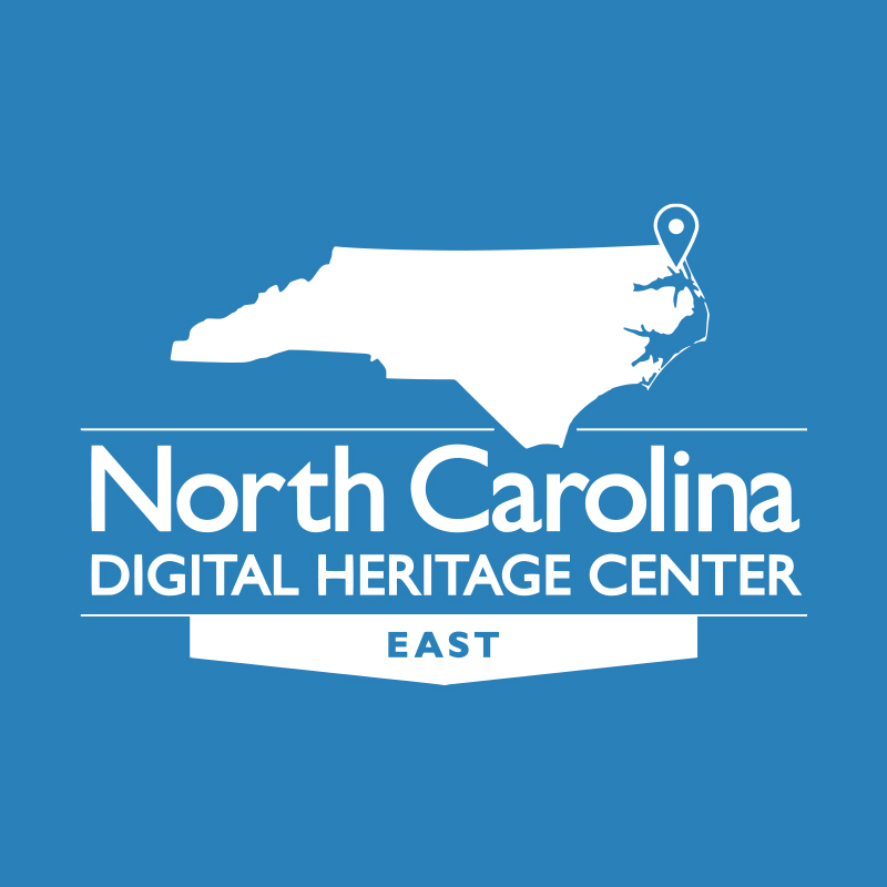 White state of NC outline on blue background with the words North Carolina Digital Heritage Center East