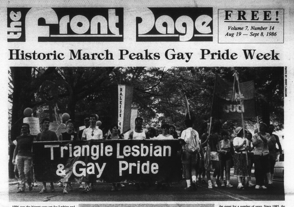 The Front Page first page with masthead, headline Historic March Peaks Gay Pride Week, and photo of adults holding banner "Triangle Lesbian & Gay Pride"