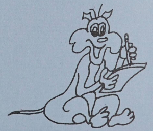 A seated cartoon cat writing with a pencil on a stack of paper