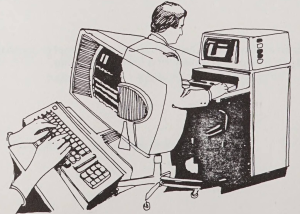 Illustration of a person typing at a computer. Another set of hands typing at a computer is superimposed over their body.