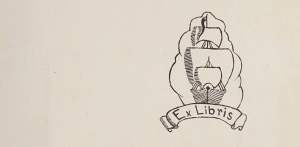 A bookplate of a ship in front of a cloud with the banner "Ex Libris"