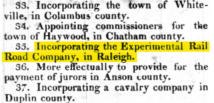 Clipping detailing the incorporation of the Experimental Rail Road Company in Raleigh from January 15, 1833 issue of the Fayetteville Observer