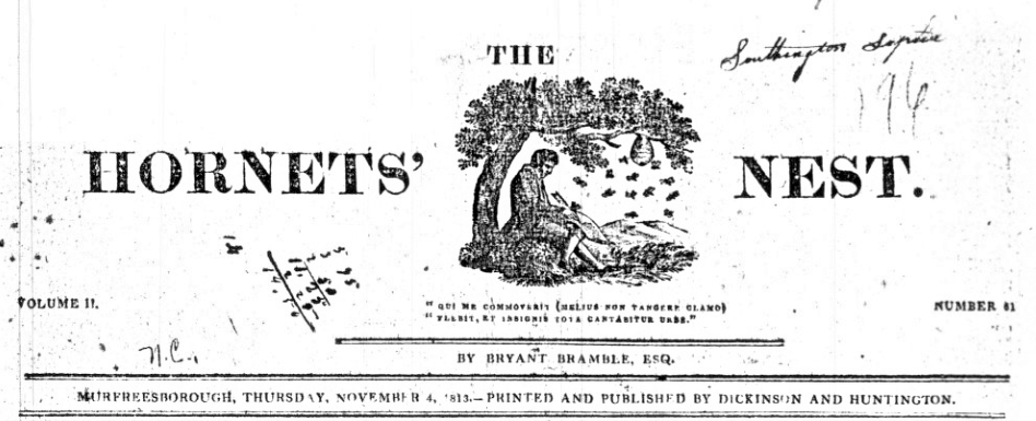 Header from the November 4, 1813 issue of The Hornets' Nest from Murfreesboro, N.C.