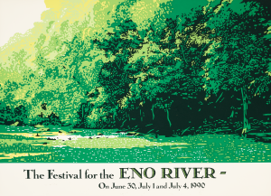 An artistic print of large green trees alongside a green river