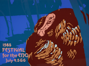 An artist's print of a wild turkey against a blue background