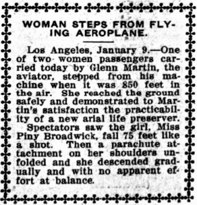 Clipping detailing Georgia 'Tiny' Broadwick's 1914 Los Angeles jump