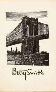 A postcard with a black-and-white, etched art of the Brooklyn Bridge. Below is the signature of Betty Smith.