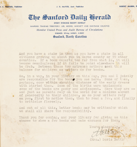 A typed letter with the header of the Sanford Daily Herald