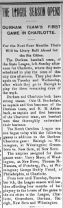 Article from May 5, 1902 issue of the Durham Daily Sun introducing the first game of baseball team the Durham Tobacconists