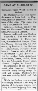 Article from May 6, 1902 issue of the Durham Daily Sun detailing the Durham Tobacconists 12-2 loss to the Charlotte team
