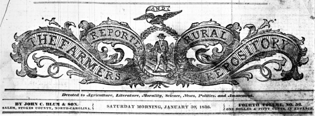 Headmast for the January 30, 1836 issue of Salem, N.C.'s Farmers' Reporter