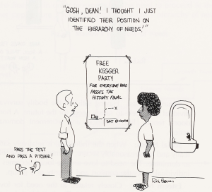 A cartoon of two faculty members talking in a school hallway. One is referring to a poster on the wall inviting students to a keg party.