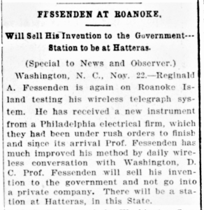 Article from The News and Observer describing Fessenden's success with radio experiments
