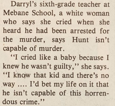 Newspaper clipping from the February 7, 1985 issue of the Winston-Salem Chronicle. The clipping has a quote from Darryl Hunt's 6th grade teacher saying she does not believe he is a murderer.