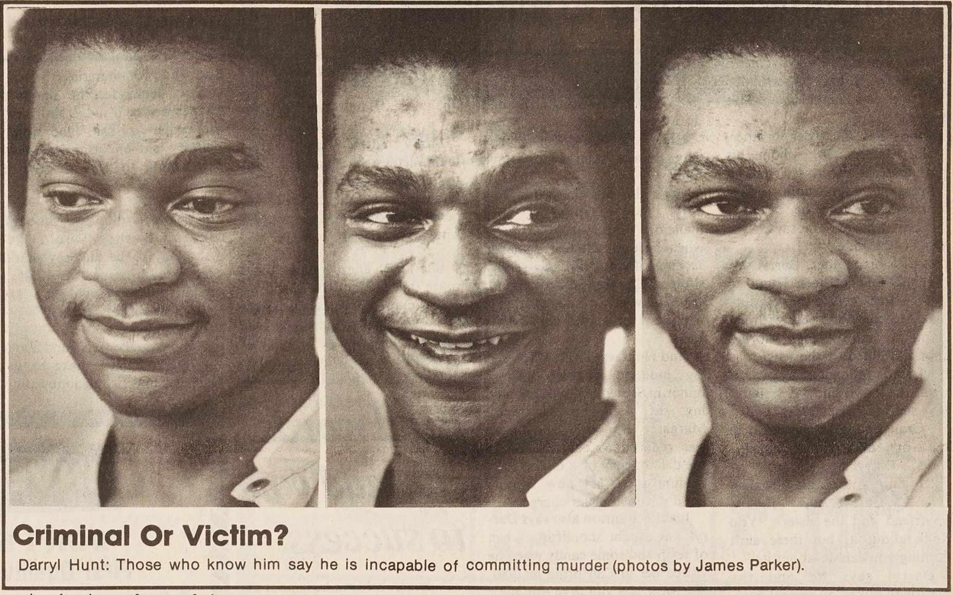 Three different photographs of a Black man named Darryl Hunt. In the left and right photos he looks thoughtful and in the middle photo he is smiling