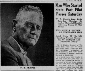 Black and white head shot of older white man in suit jacket with very short hair next to headline "Man Who Started State Port Pilot Passes Saturday"