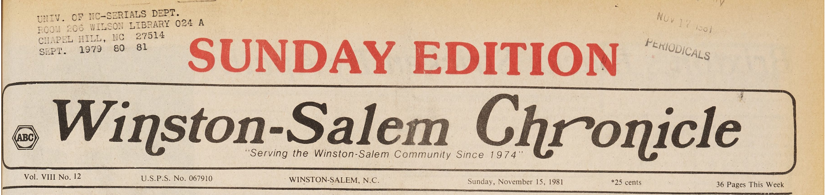Winston-Salem Chronicle header. Above the header is bright red text saying Sunday Edition.