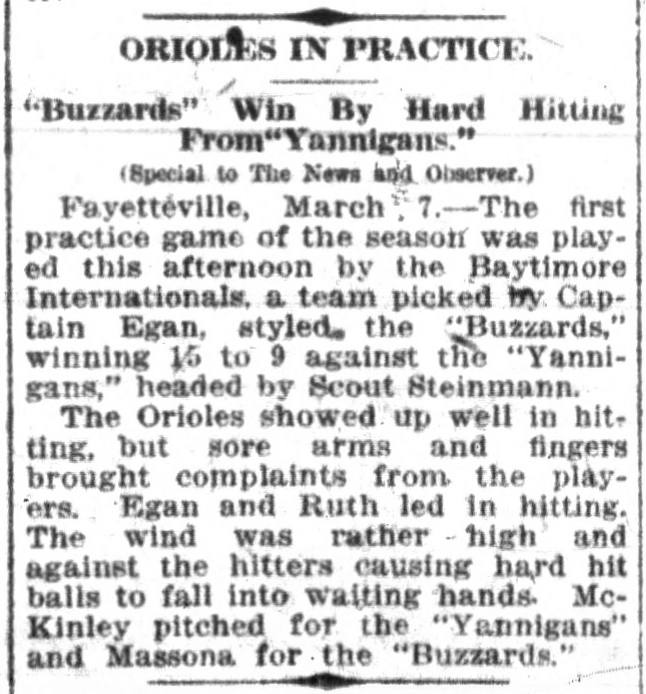 Article from March 8, 1914 issue of The News and Observer where Babe Ruth hit his first home run as a player for the Baltimore Orioles